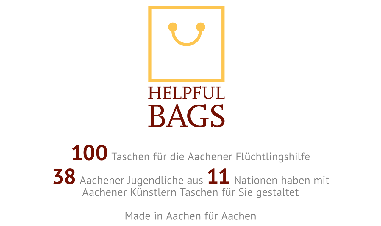 100 Taschen für die Aachener Flüchtlingshilfe. 38 Aachener Jugendliche aus 11 Nationen haben mit Aachener Künstlern Taschen für Sie gestaltet. Made in Aachen für Aachen.
